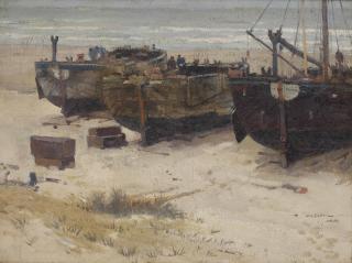 Willy Sluiter - Bomschuiten on the beach, Katwijk