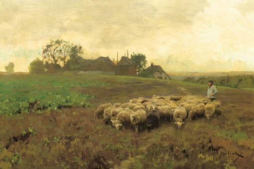 Willy Steelink - A shepherd with his flock by a farm