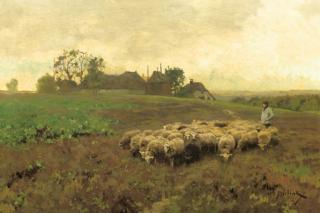Willy Steelink - A shepherd with his flock by a farm