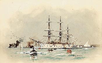 Willy Stöwer - Dreimastbark auf Reede vor Küstenlandschaft