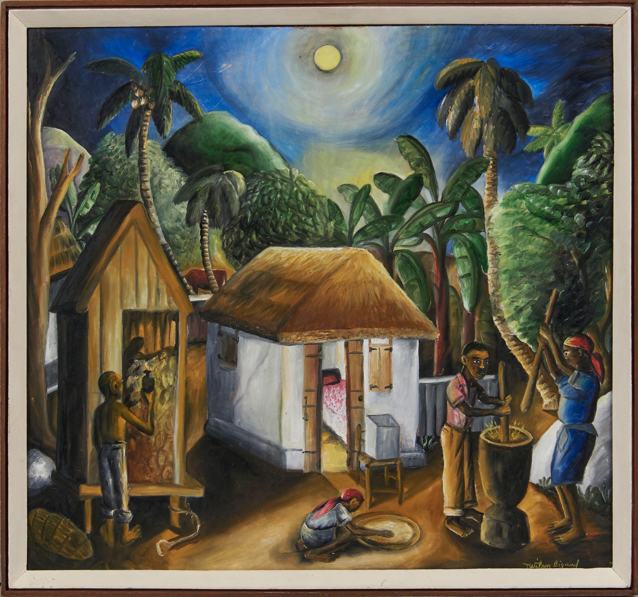 Wilson Bigaud - Cooking Under Moonlight Signed \'Wilson Bigaud\' lower right. Oil on Masonite, framed. 24 3/8 x 26 3/8 in. (62.0 x 67.0 cm)