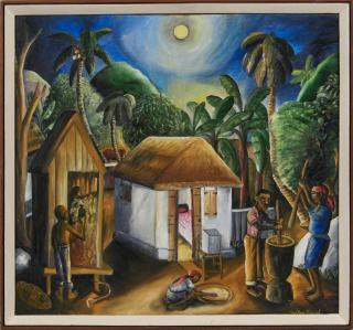 Wilson Bigaud - Cooking Under Moonlight Signed \'Wilson Bigaud\' lower right. Oil on Masonite, framed. 24 3/8 x 26 3/8 in. (62.0 x 67.0 cm)