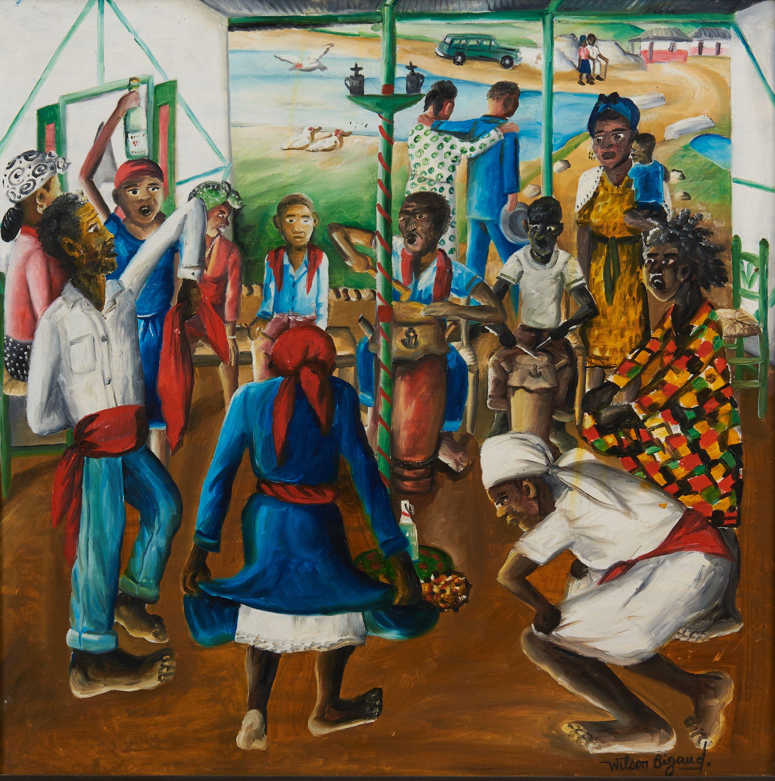 Wilson Bigaud - Dance Ritual Signed \'Wilson Bigaud\' lower right. Oil on Masonite, framed. 24 1/4 x 24 1/4 in. (60.5 x 61.0 cm)