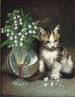 Wilson Hepple - A kitten with a shell and flowers in a glass vase