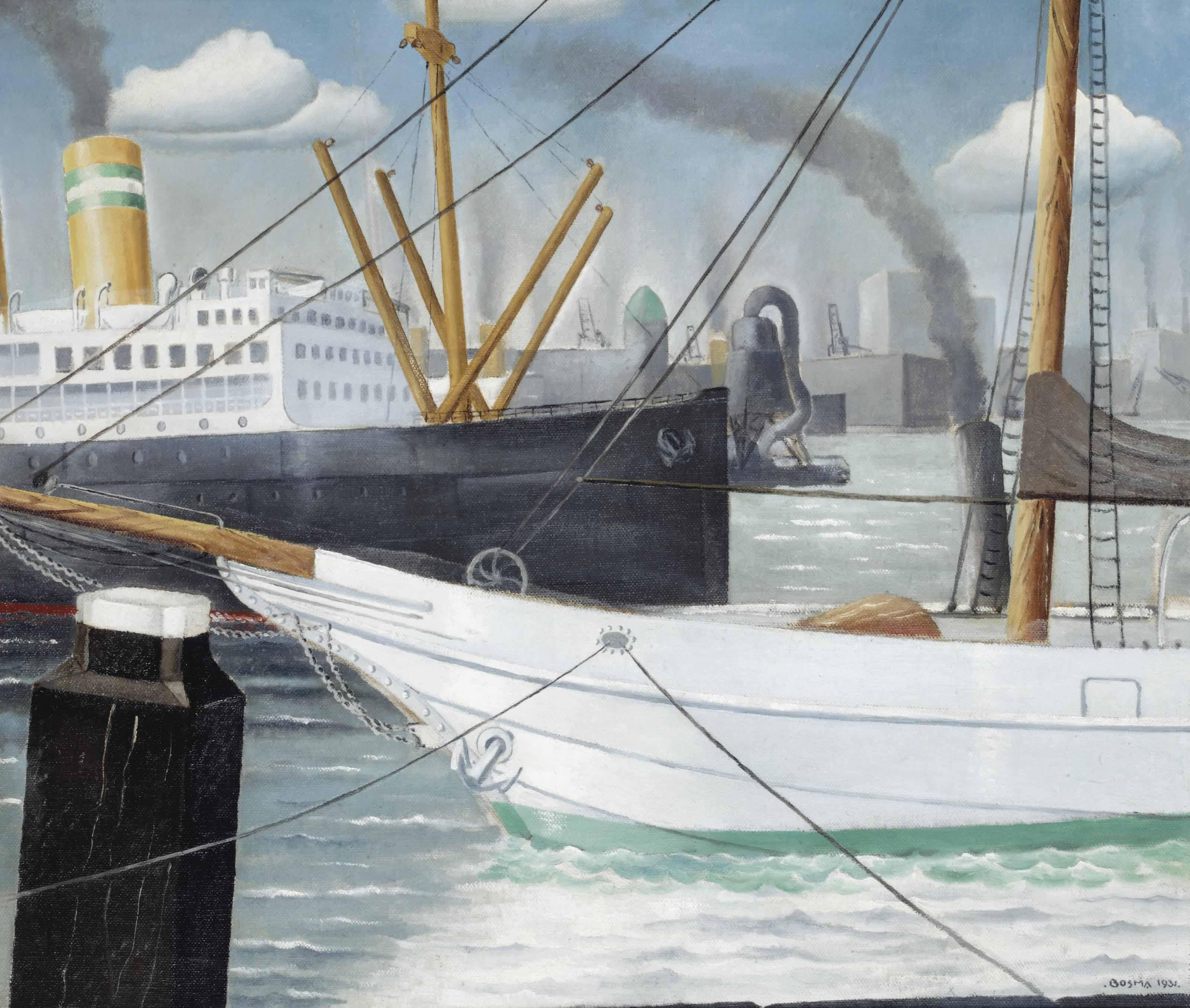 Wim Bosma - A view of the Rotterdam harbour, Hotel New York beyond