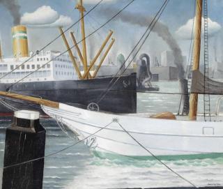 Wim Bosma - A view of the Rotterdam harbour, Hotel New York beyond