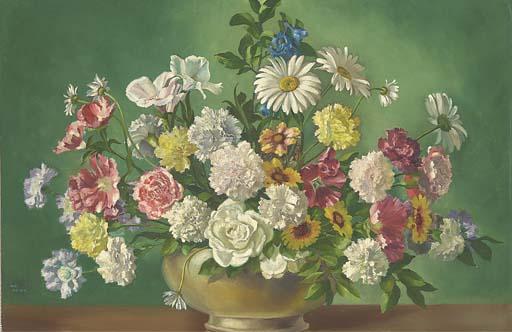 Winifred Walker - Carnations, roses, daisies, tulips and other summer flowers in a vase on a ledge