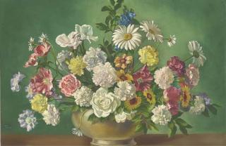 Winifred Walker - Carnations, roses, daisies, tulips and other summer flowers in a vase on a ledge