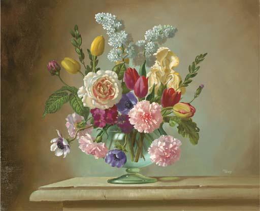 Winifred Walker - Daisies, tulips, carnations, roses and other summer blooms in a vase