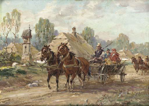 Wladislaw T. Chmielinsky - Horse-Drawn Carriages On A Country Road