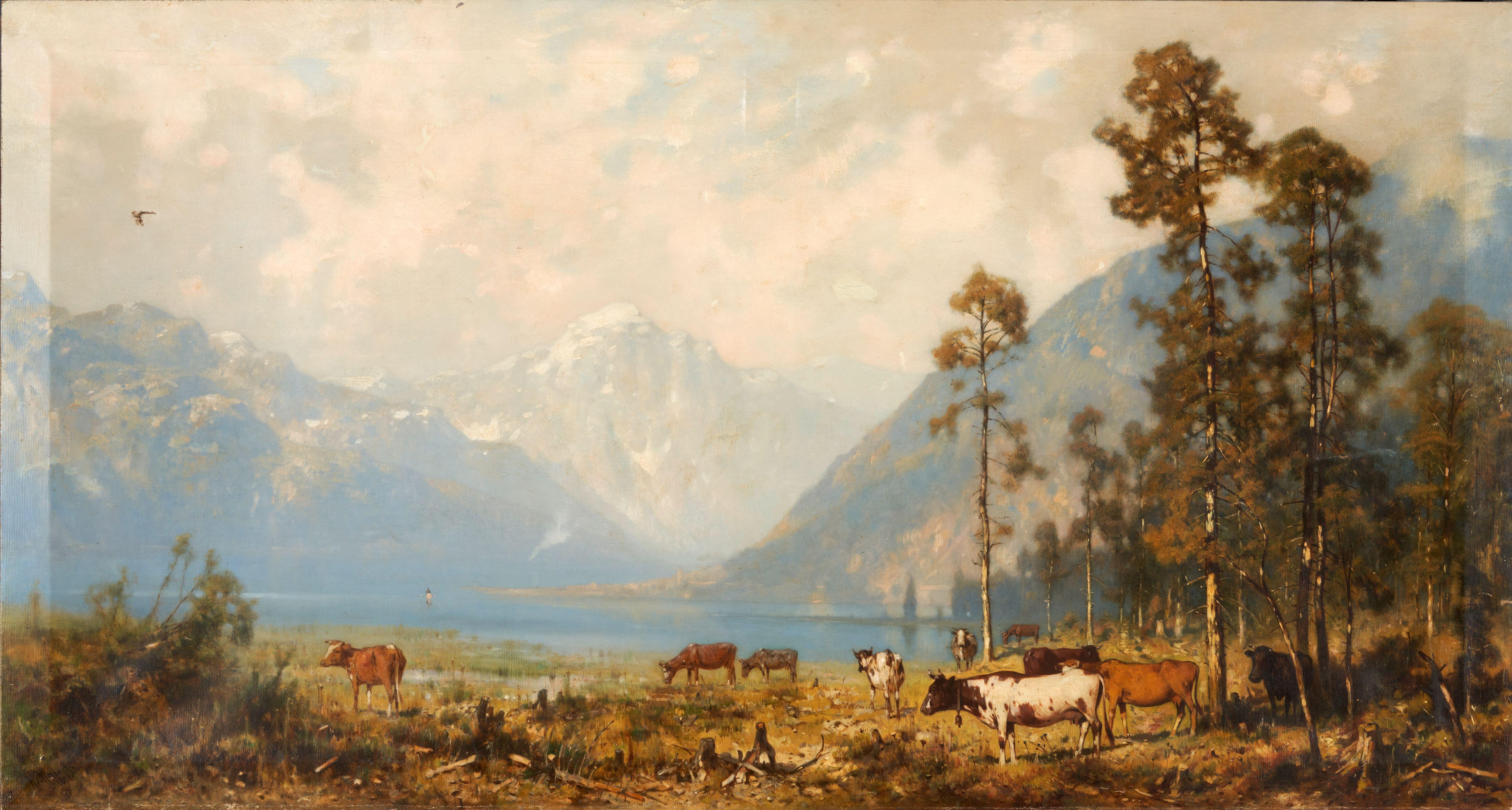 Władysław Aleksander Malecki - Cattle Grazing in an Alpine Landscape, unframed.
