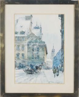 Wladyslaw T. Chemielinski - Sleigh ride through a snowy Polish town square; and two companion works