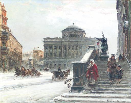 Wladyslaw T. Chemielinski - Warsaw in Winter: A Street Scene near the Opera