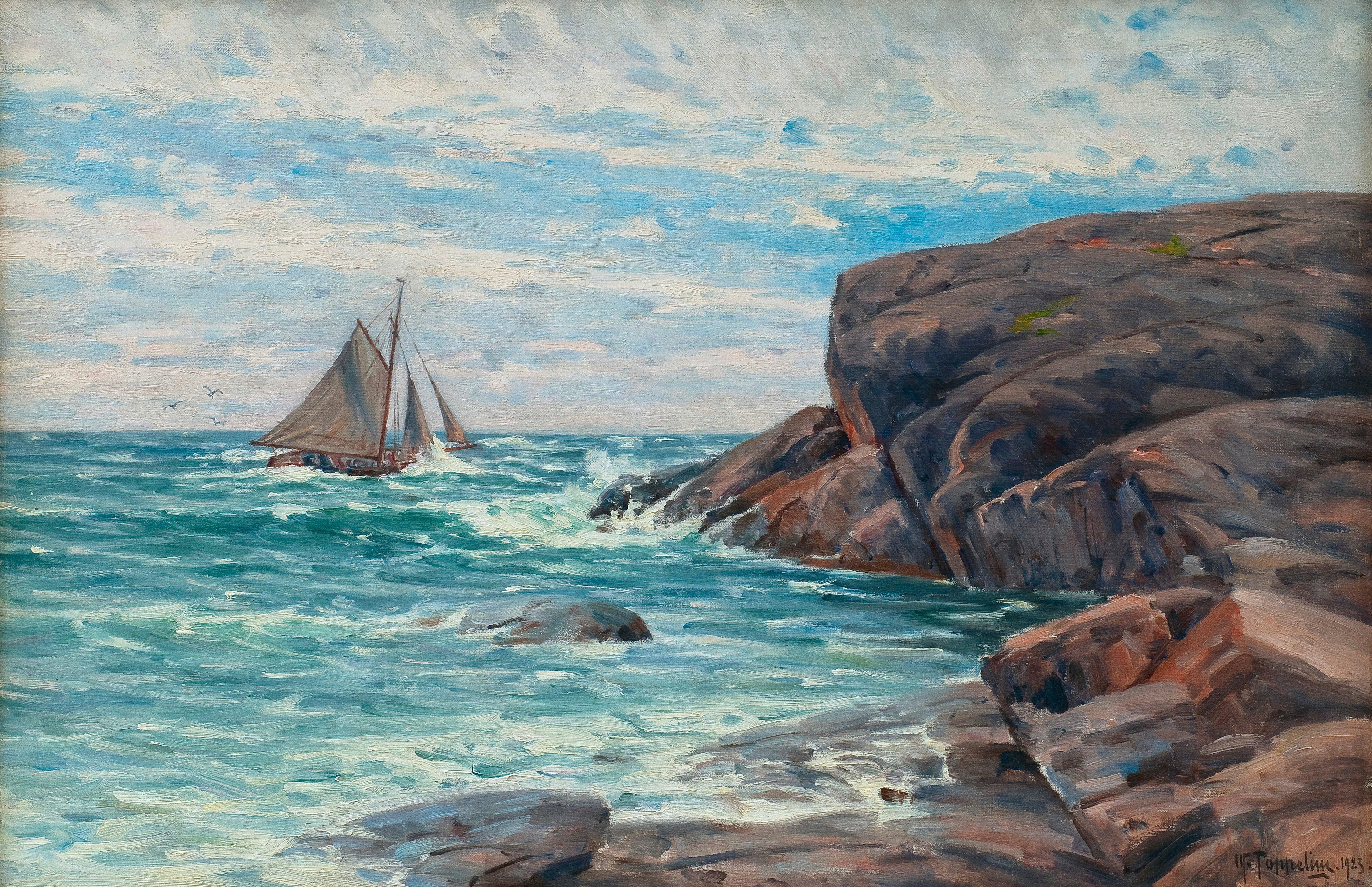 Woldemar Toppelius - A Sailboat By The Shore.