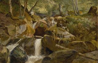 Wolfgang Adam Töpffer - A Rocky, Wooded Landscape With A Waterfall And Figures
