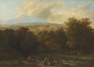 Wolfgang-Adam Töpffer - Paysage avec pêcheurs à la ligne aux bords d\'une rivière, um 1830