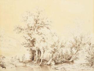 Wolfgang Adam Töpffer - Un paysage boisé avec des personnages lavant du linge dans un ruisseau, une maison dans le fond