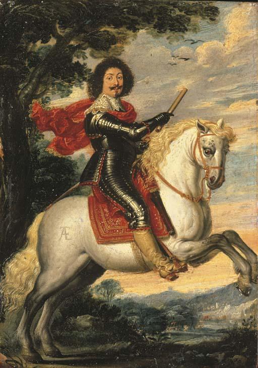 Wolfgang Heimbach - Equestrian portrait of a gentleman, full-length, in armour, a baton in his right hand, a landscape with a cavalry skirmish beyond