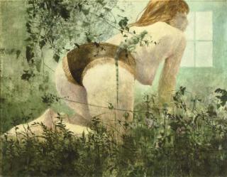 Wout Muller - Half nude and lizard in a garden