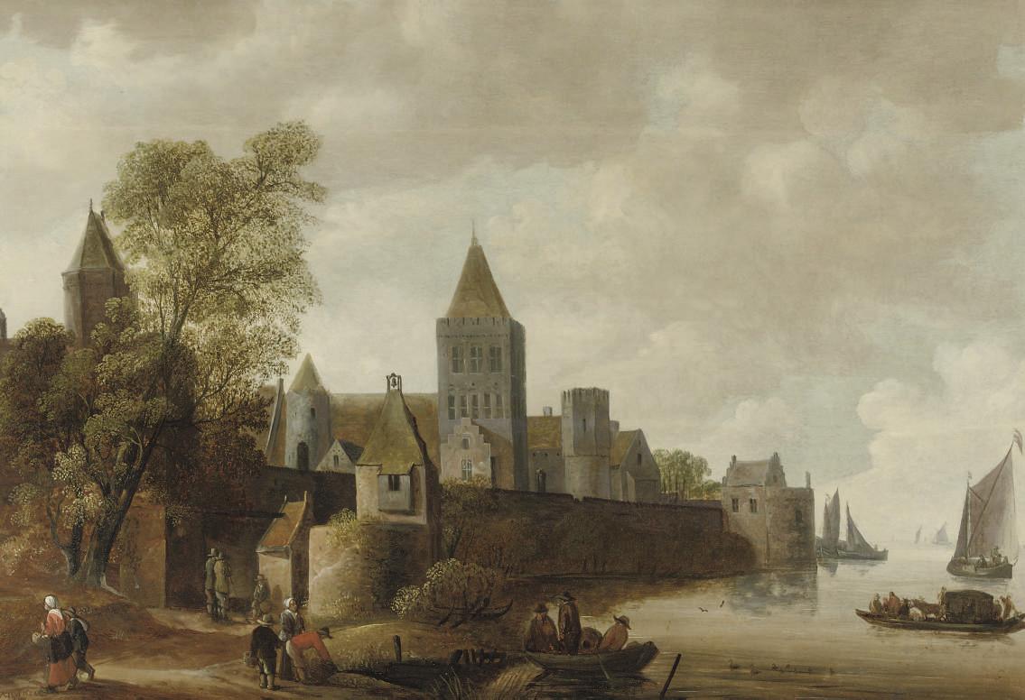 Wouter Knijff - A fortified town by a river with figures in boats