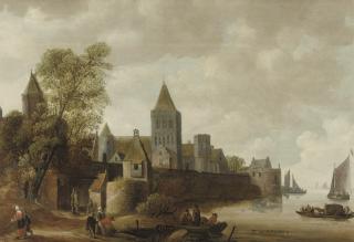 Wouter Knijff - A fortified town by a river with figures in boats