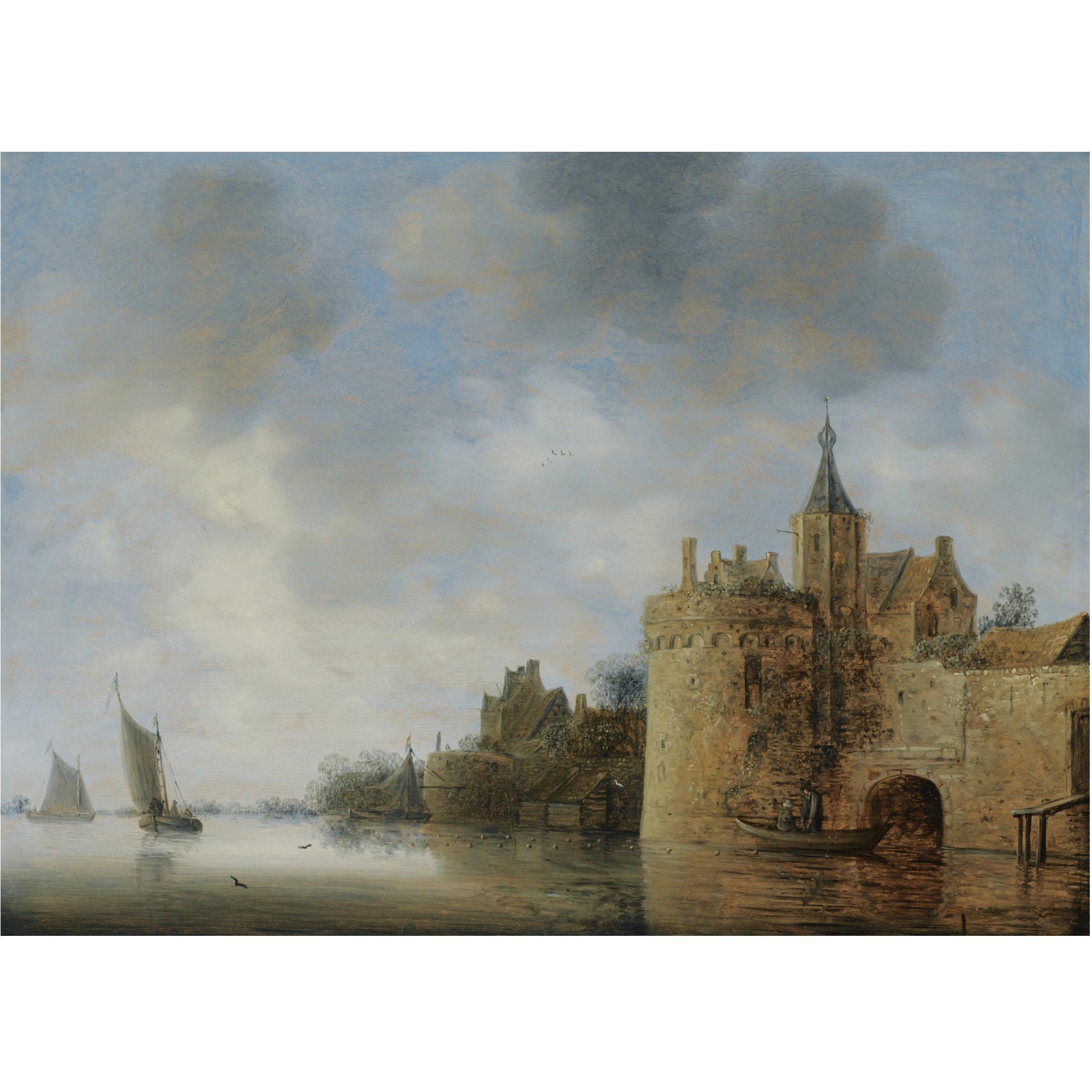 Wouter Knijff - A River Estuary With Two Fishermen In A Rowing Boat Near A Fortified Town, Sailing Vessels Beyond