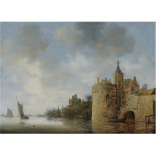 Wouter Knijff - A River Estuary With Two Fishermen In A Rowing Boat Near A Fortified Town, Sailing Vessels Beyond