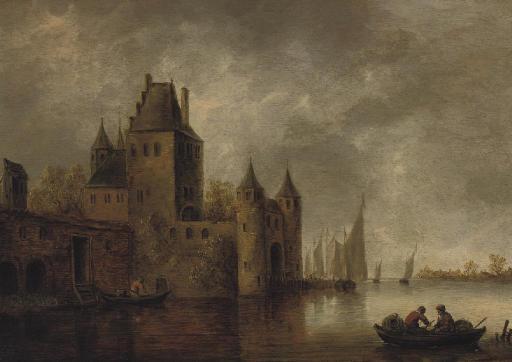 Wouter Knijff - A river landscape with a city gate, shipping nearby