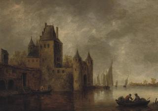 Wouter Knijff - A river landscape with a city gate, shipping nearby