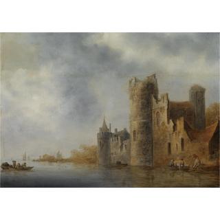 Wouter Knijff - A River Landscape With A Ruined Castle And Men Casting A Net From A Rowing Boat