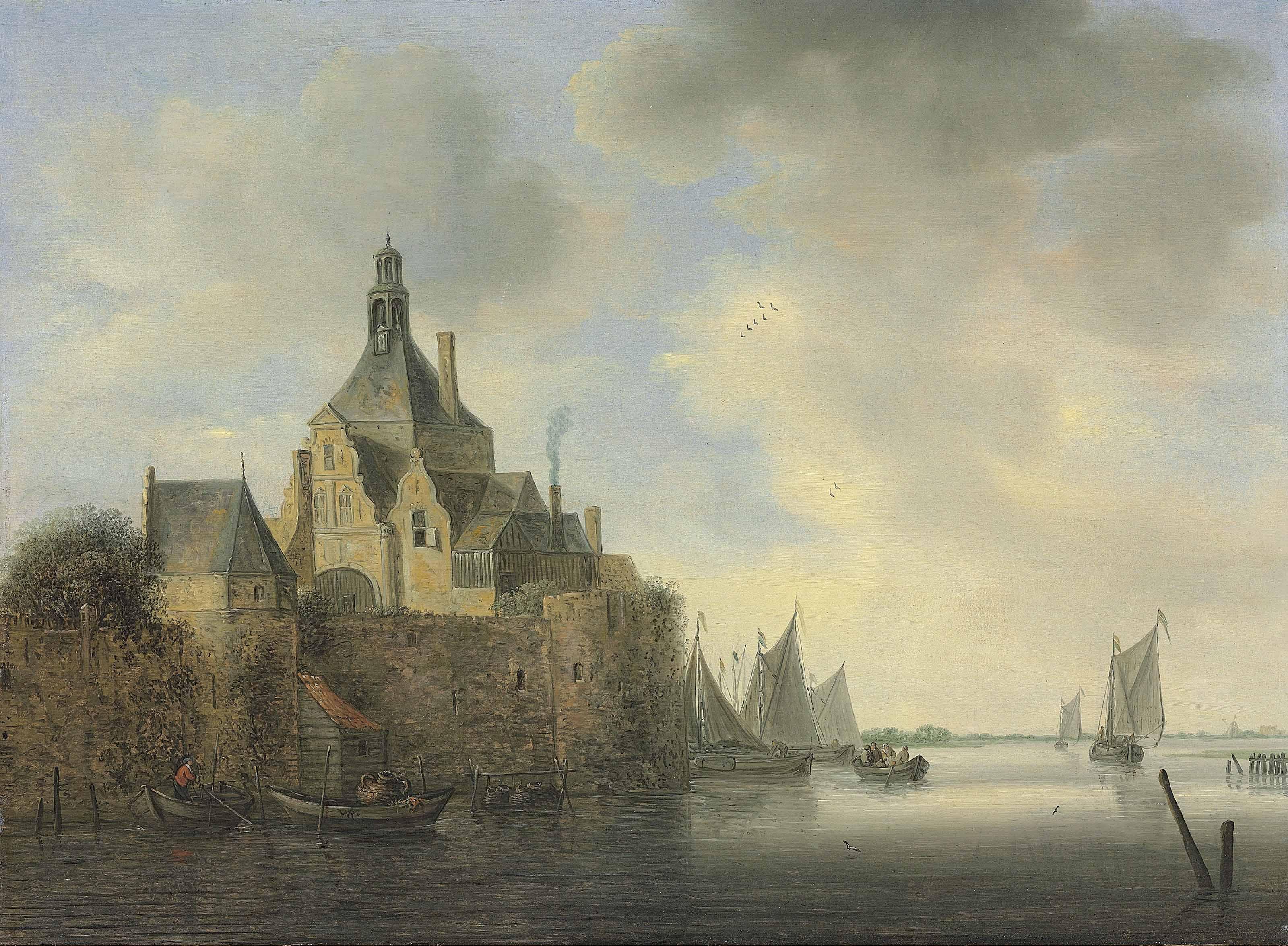 Wouter Knijff - A Seascape With Boats By A Fortified Village