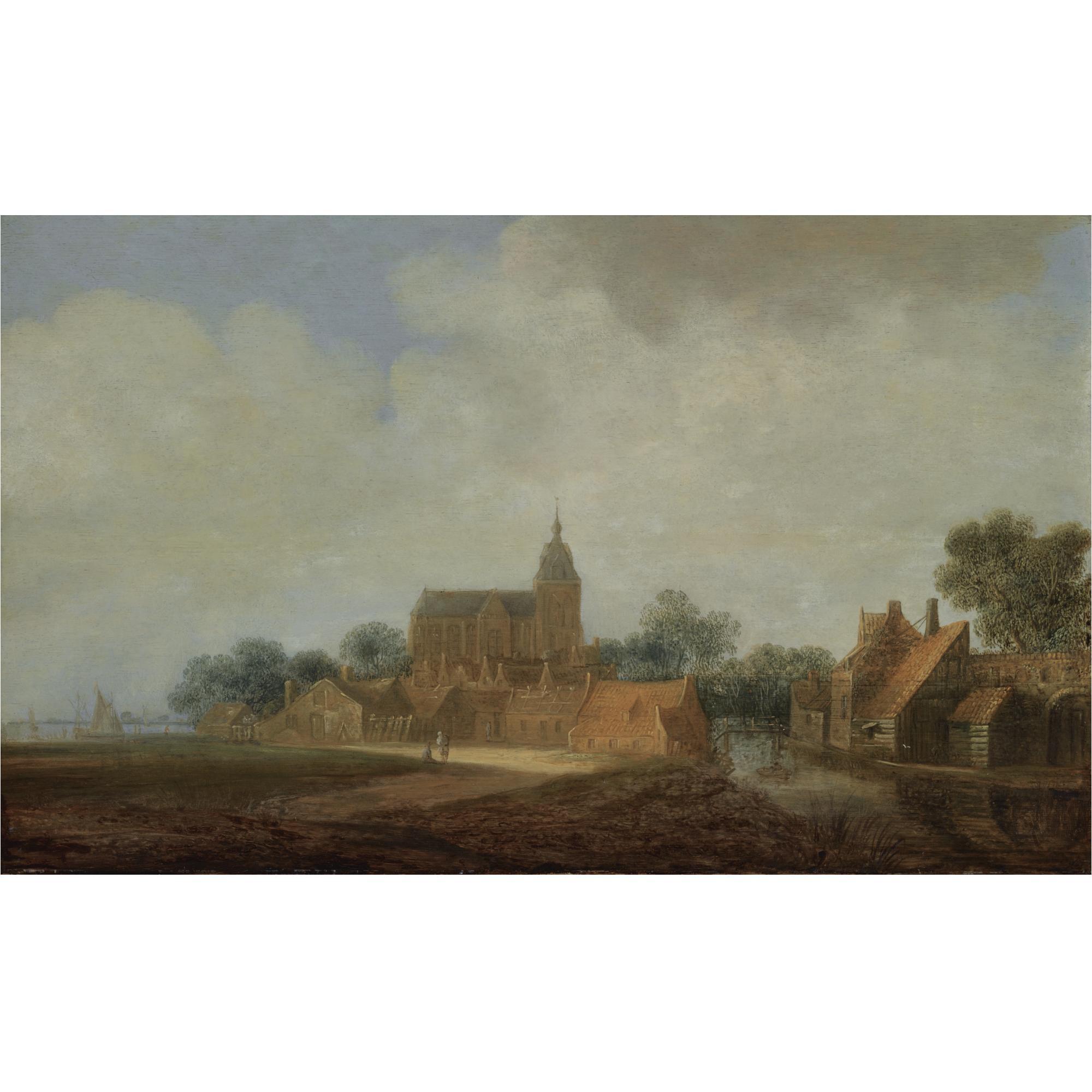 Wouter Knijff - A View Of A Dutch Village With A Church, Figures Conversing On A Path, Shipping Nearby