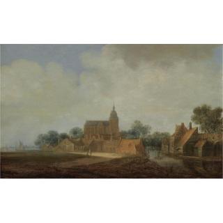 Wouter Knijff - A View Of A Dutch Village With A Church, Figures Conversing On A Path, Shipping Nearby