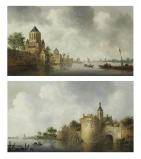 Wouter Knijff - Fishermen in rowing boats near the Kleine Houtpoort, Haarlem; and A river landscape with a romanesque church and a walled town