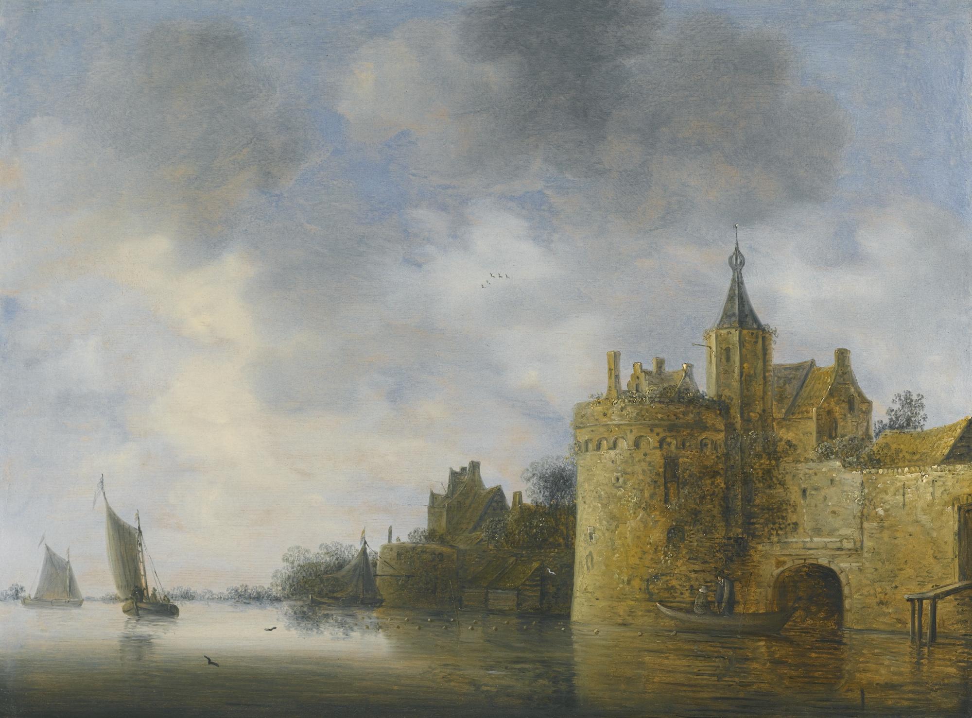 Wouter Knijff - River Landscape With Two Fishermen In A Boat Below The Town Ramparts, Ships Beyond