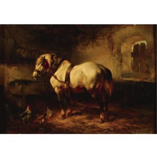 Wouter Verschuur - A Horse And Chickens In A Stable