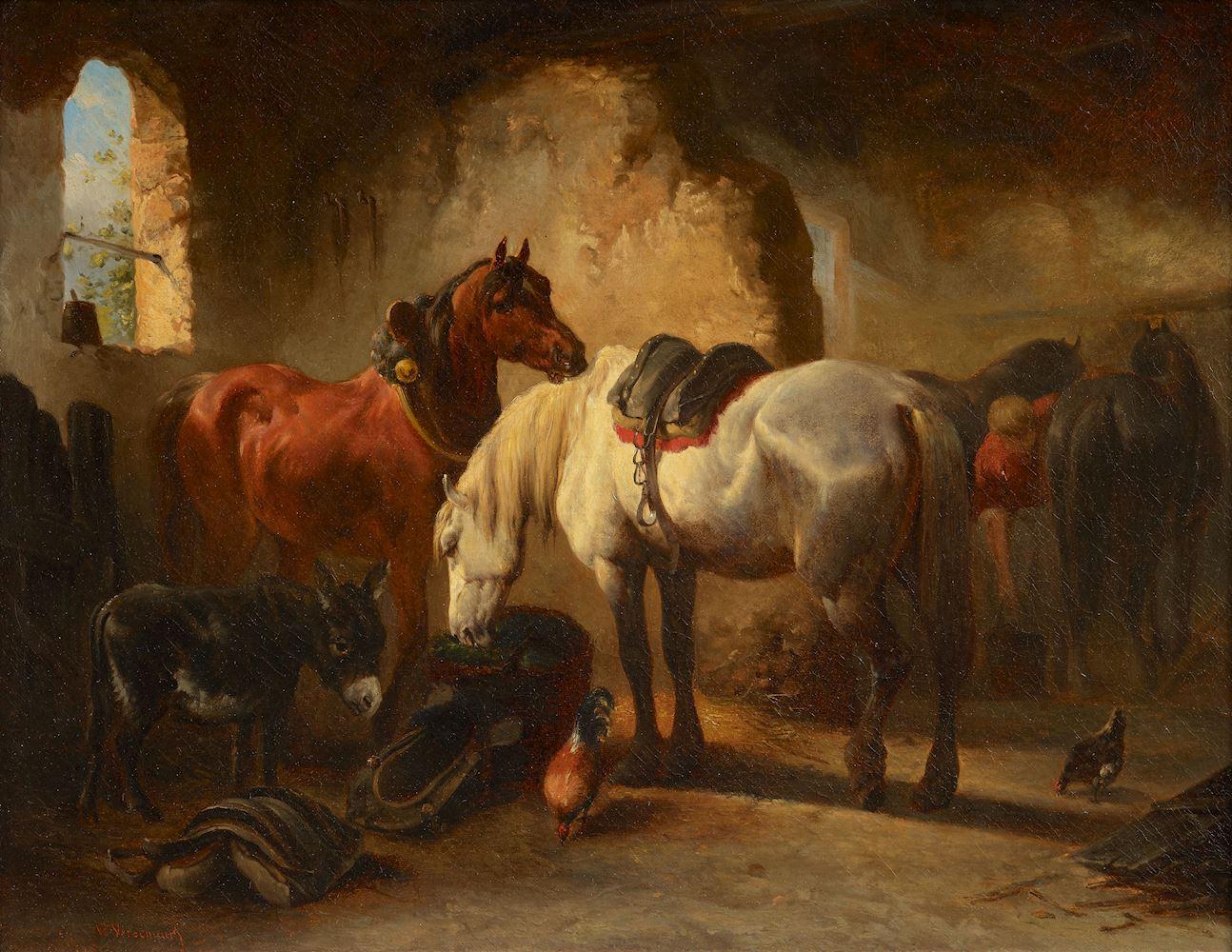 Wouter Verschuur - Stallinterieur mit Pferden, Eseln und Federvieh.