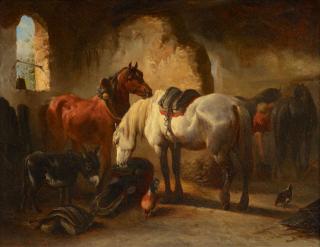 Wouter Verschuur - Stallinterieur mit Pferden, Eseln und Federvieh.