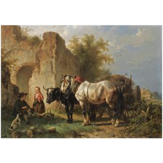 Wouterus Verschuur - Dutch Hay-Time, Resting Figures Near An Ox And Horse