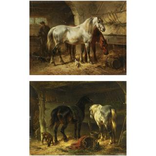 Wouterus Verschuur - Dutch Horses In A Stable (A Pair)