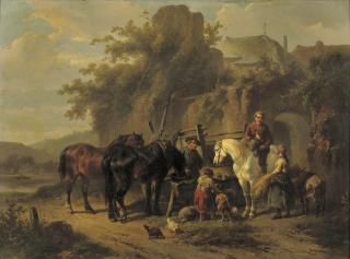 Wouterus Verschuur - Feeding the horses by an old town wall