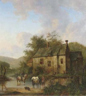 Wouterus Verschuur - Het Huis te Boxtel met paarden in een wed