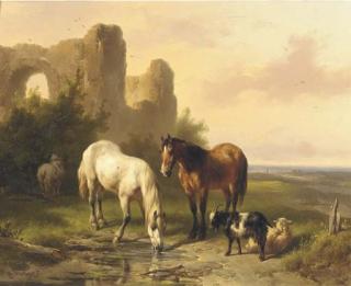 Wouterus Verschuur - Horses by a ruin in an extensive landscape