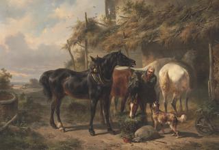 Wouterus Verschuur - Horses outside a Stable