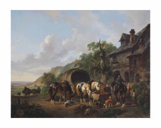 Wouterus Verschuur - Travelers at a tavern in a sunlit landscape