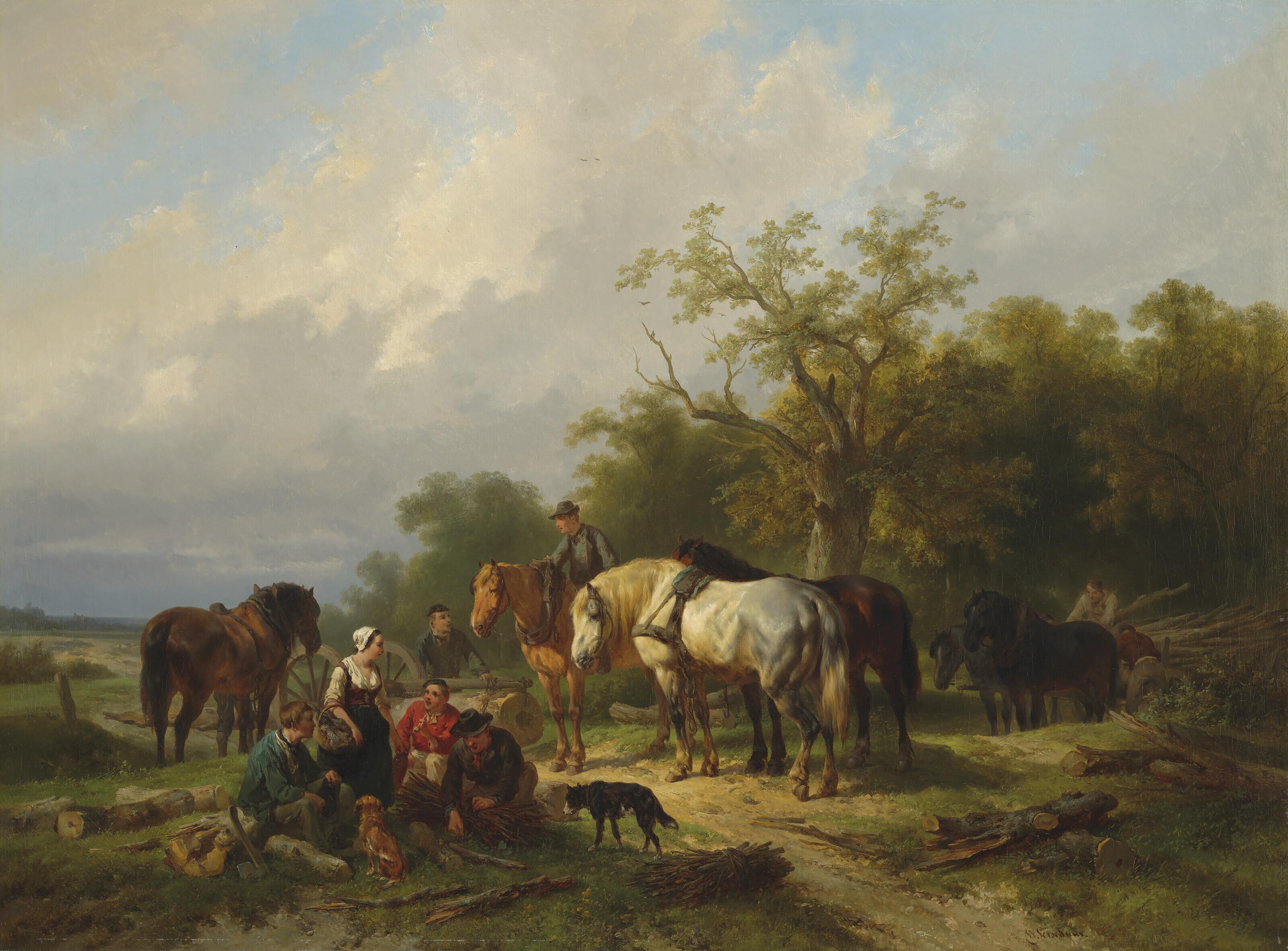 Wouterus Verschuur - Woodworkers resting on the edge of a forest