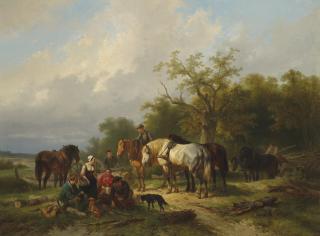 Wouterus Verschuur - Woodworkers resting on the edge of a forest