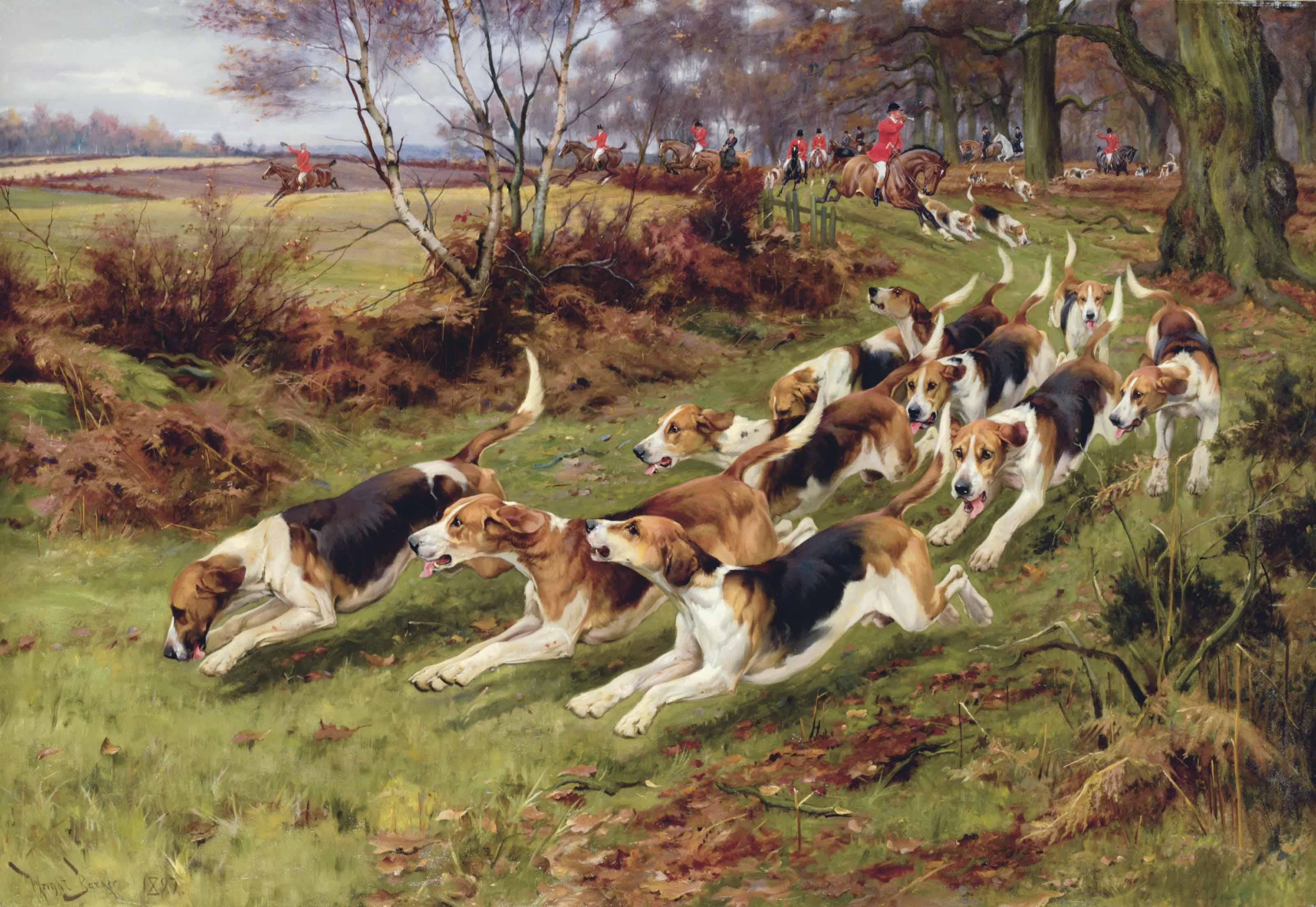 Wright Barker, R.B.A. - Gone Away , The Rufford Hounds Breaking Cover in Sherwood Forest