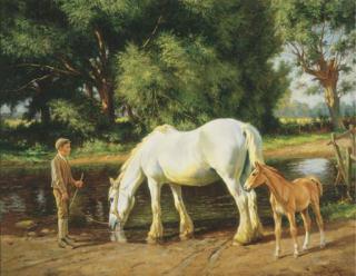 Wright Barker - A Mare And Her Foal At A Ford