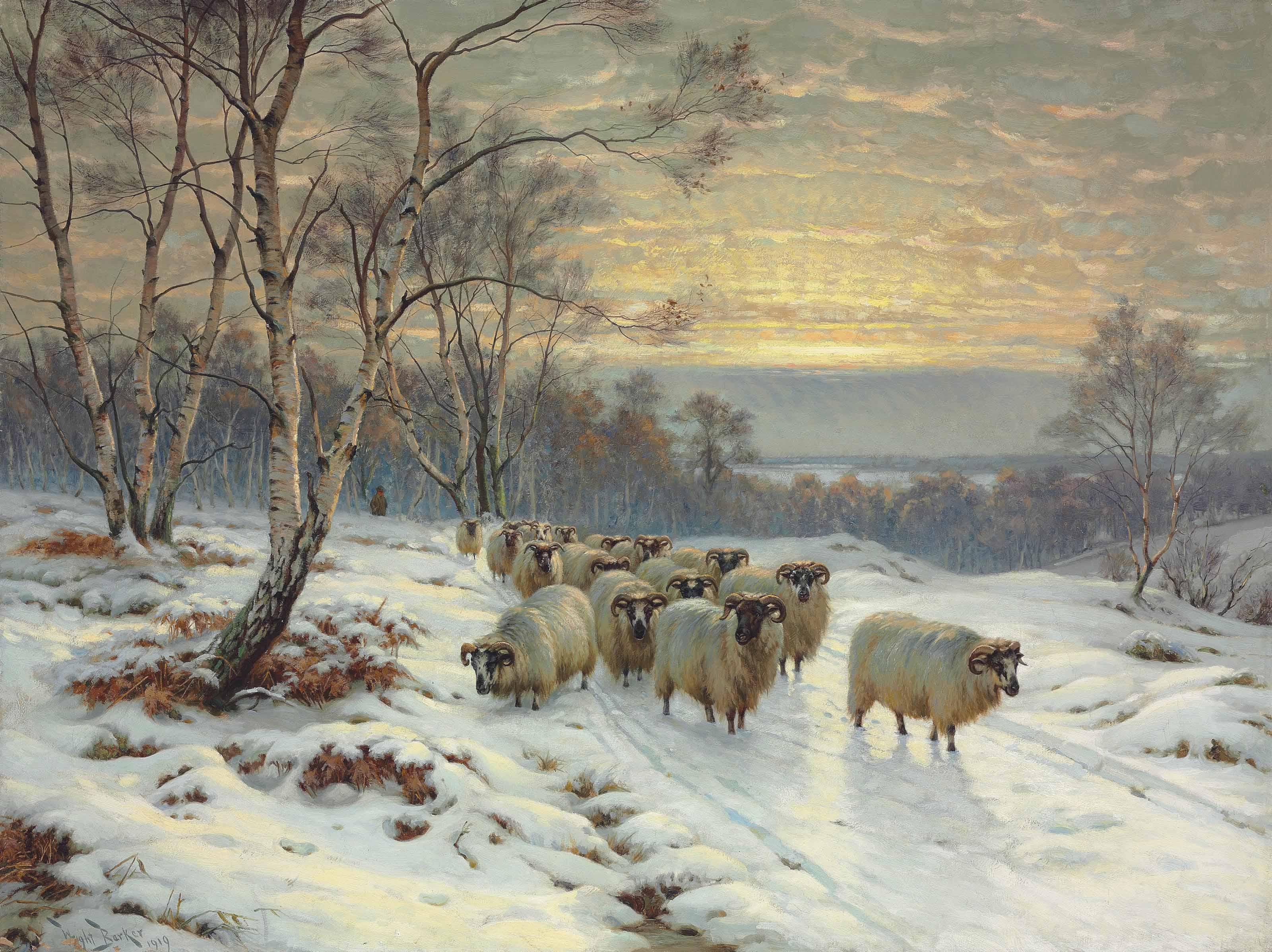 Wright Barker - A shepherd with his flock in a Winter landscape
